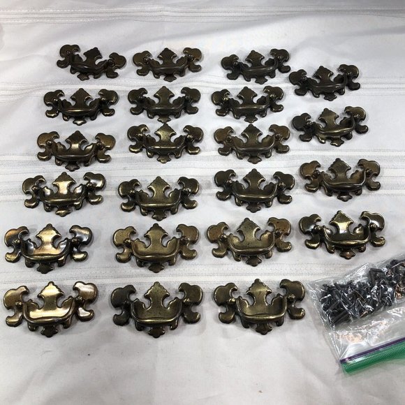 22pc Queen Anne Chippendale Drawer Pulls Lock Plate Brass Tone Metal W/ Screws